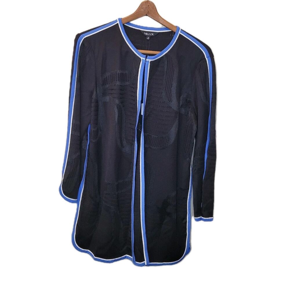 Misook Black Open Cardigan Blue White Striped Trim Size Medium New Career Wear